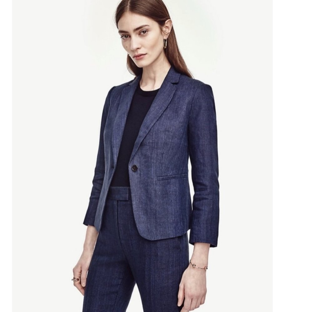 Ann Taylor Linen 3/4 Sleeve Single Button Blazer Navy Size 4